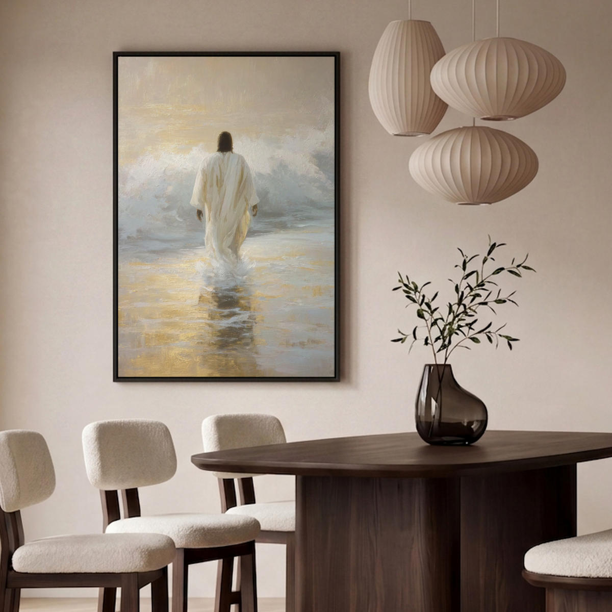 LEINWAND Bilder mit Rahmen - Gemälde - Welle - Jesus - Abstrakt - 90x140 - Goldfarben, Textil (90/140cm) - MuchoWow