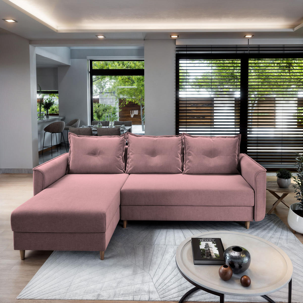 ECKSOFA PISAN L-S Rosa Plüsch-Stoff mit Schlaffunktion - Rosa, Holz (220/140cm) - MASSENO