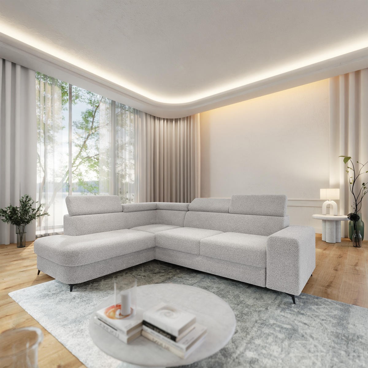 ECKSOFA ALVORO L-S Hellgrau Boucle-Stoff mit Schlaffunktion - Hellgrau, Holz (253/190cm) - MASSENO