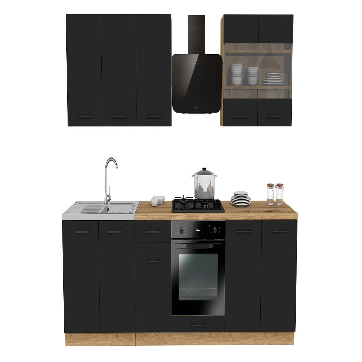 KÜCHENZEILE 260 cm mit Arbeitsplatte - SIMPLY Z3 - in Schwarz Matt / Eiche - Eichefarben/Schwarz, Holz/Holzwerkstoff (260/212/53cm)