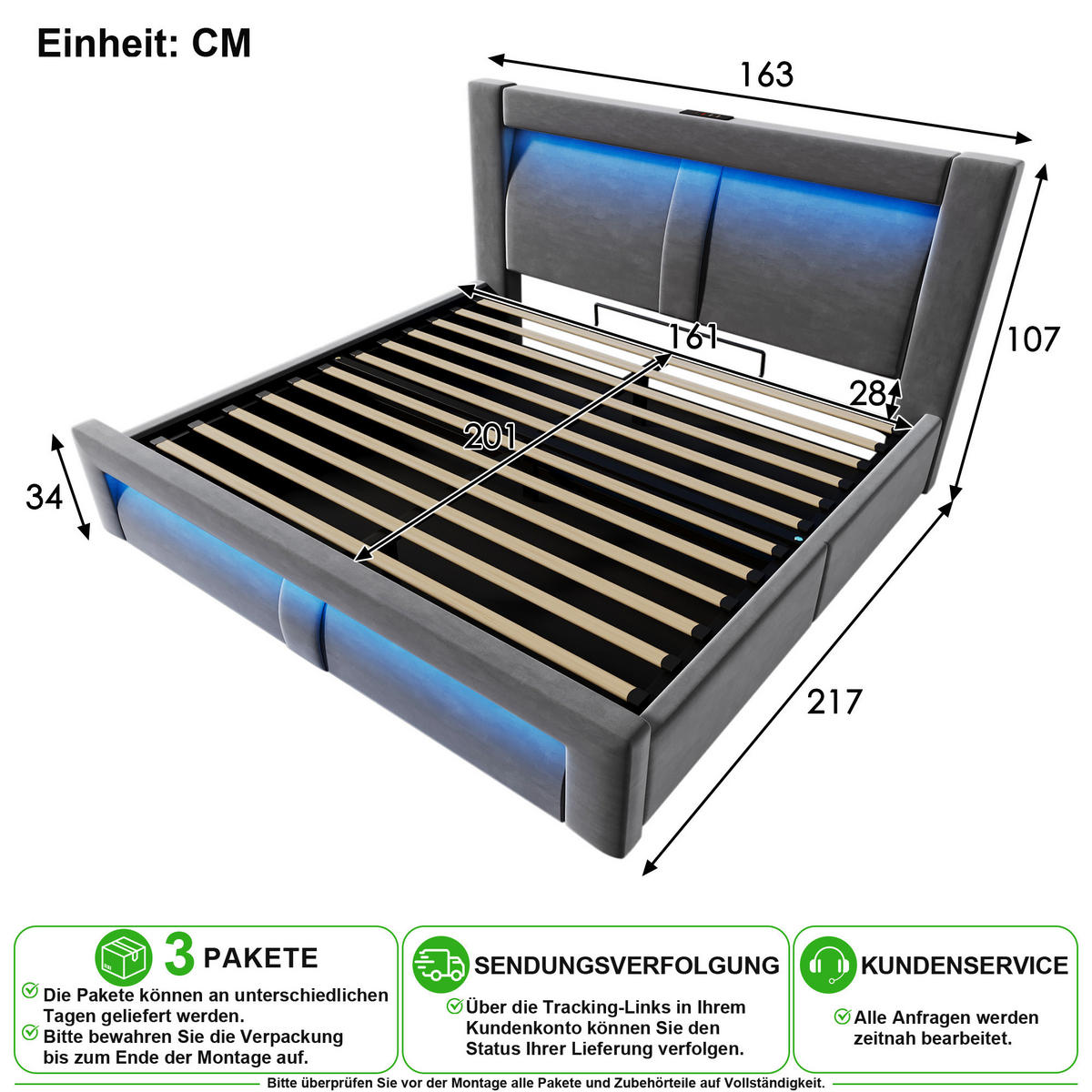POLSTERBETT 160/200 cm in Grau Samt mit Stauraum, LED und USB - Grau, Holzwerkstoff/Textil (160/200cm) - CHICFURN
