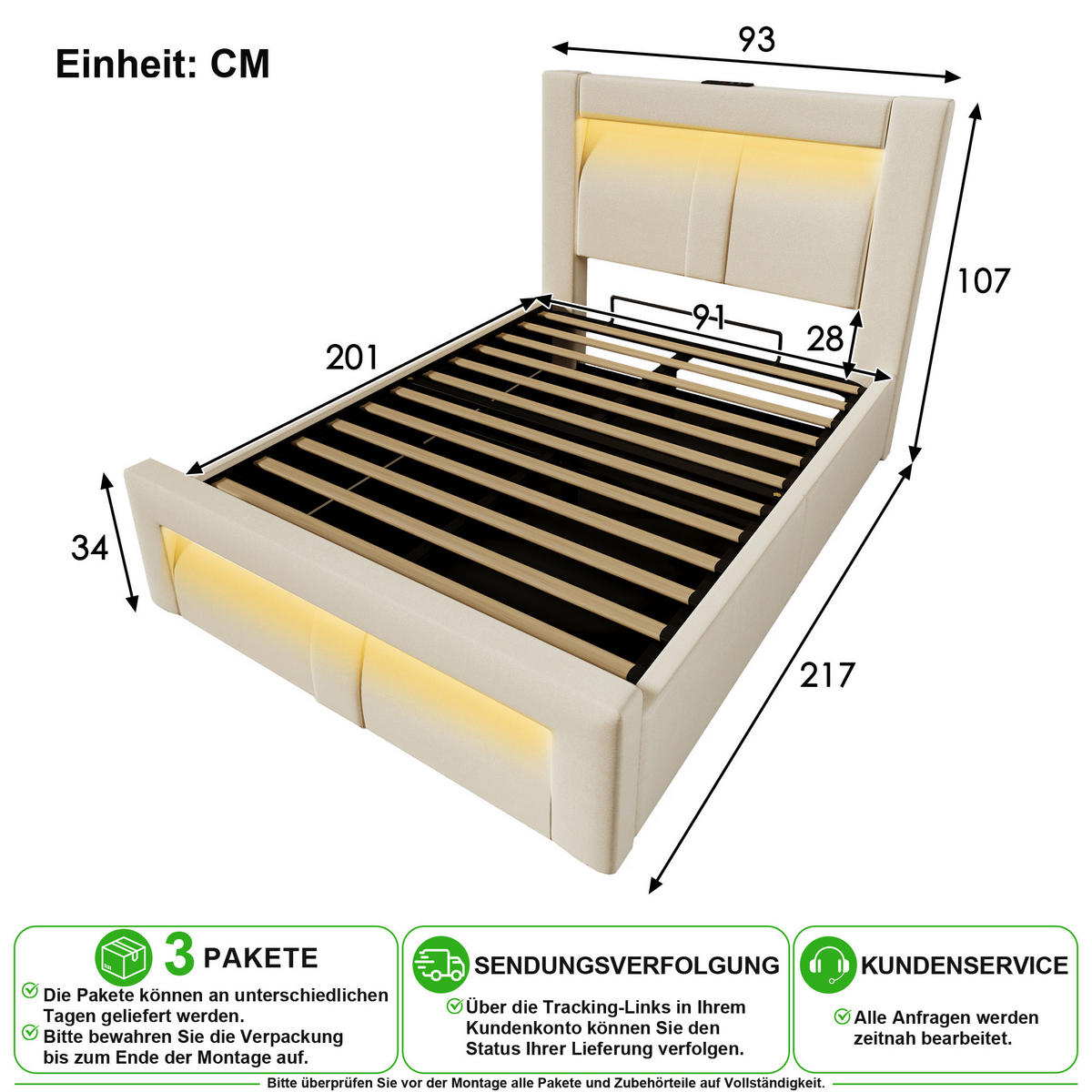 POLSTERBETT 90/200 cm in Beige Samt mit Bettkasten, LED/USB und Matratze - Beige, Holzwerkstoff/Textil (90/200cm) - CHICFURN