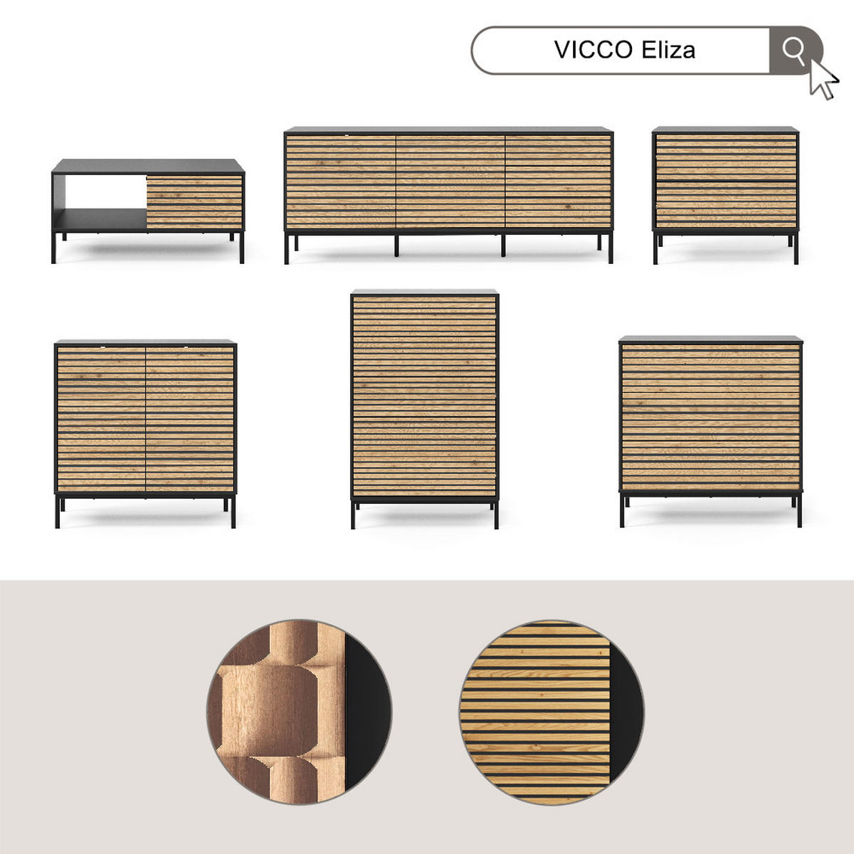 COUCHTISCH Eliza Schwarz/Eiche 90 x 50 cm mit einer Schublade - Anthrazit/Eiche Wotan, Holzwerkstoff (50/90/45cm) - Vicco