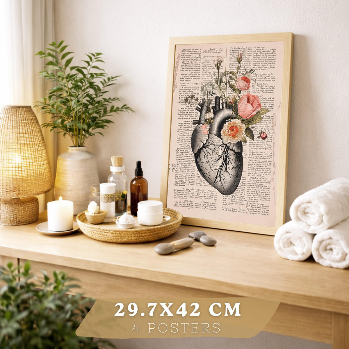 POSTER Set aus 4 Anatomie Mensch Botanische Drucke und mit Organen Herz Verdauungssystem Schädel und Becken Heimdekoration Größe Rahmenlos A4 - Klar, Papier (21/29.7/3cm) - Nacnic