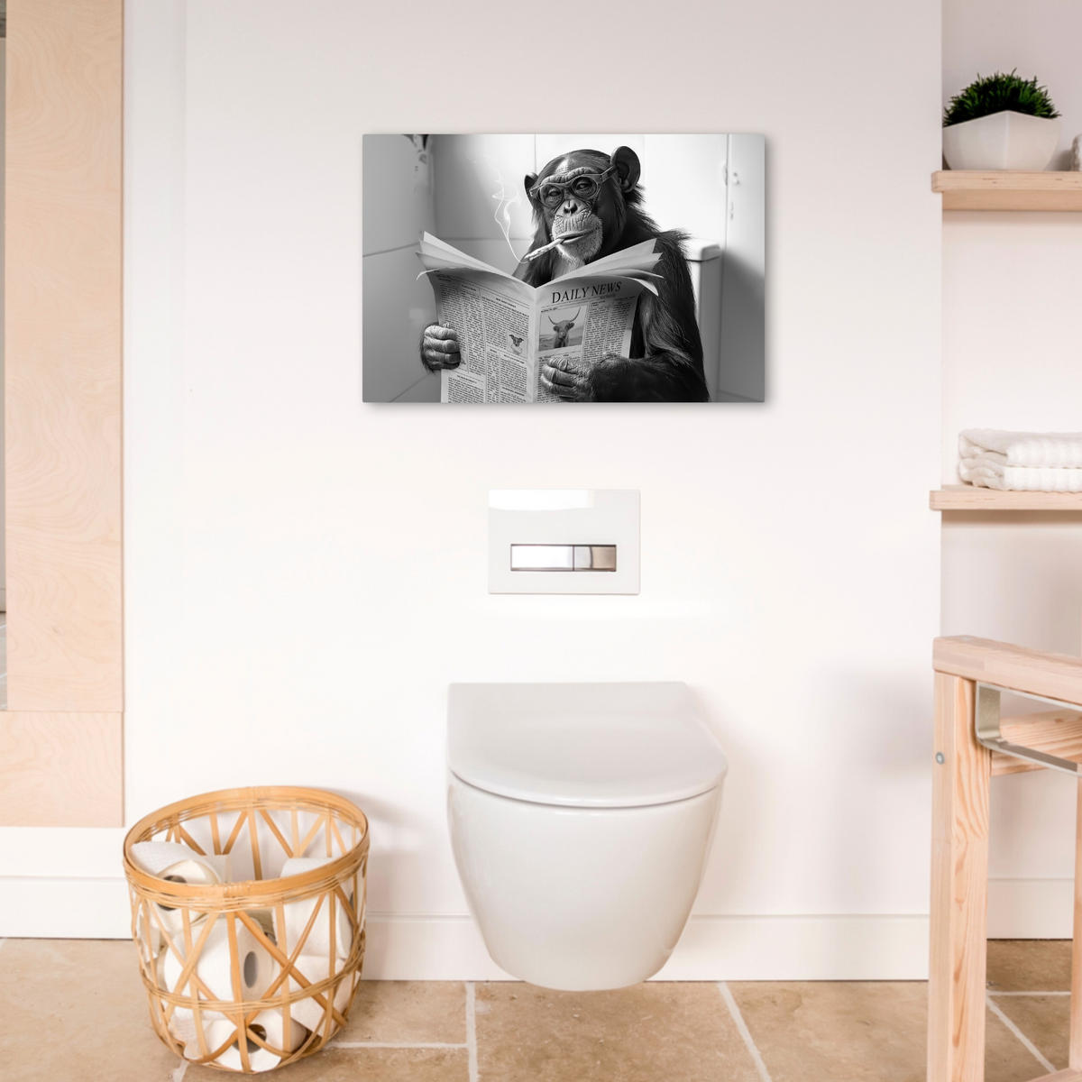 SLIKA NA PLATNU Opica WC 60x40 cm - svetlo siva, tekstil (60/40cm) - MuchoWow