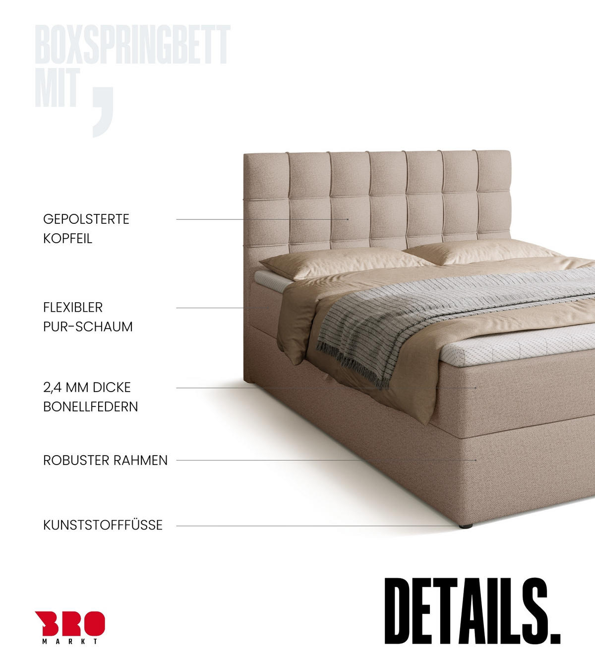 BOXBETT Detroit mit Topper 140/200 Beige - Creme, Textil (140/200cm) - Bromarkt