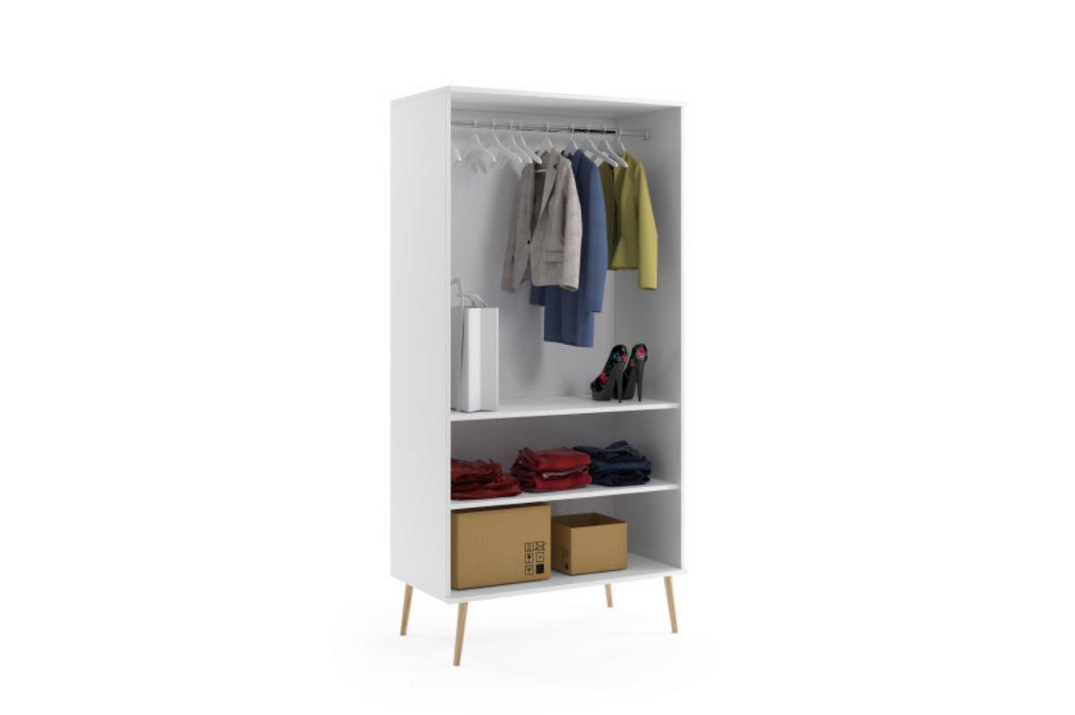SCHRANK Weiß Boho Tiefe Holzbeine 2 Regale Und Kleiderstange - Weiß, Holzwerkstoff (100/202/52cm) - Sepro Meble