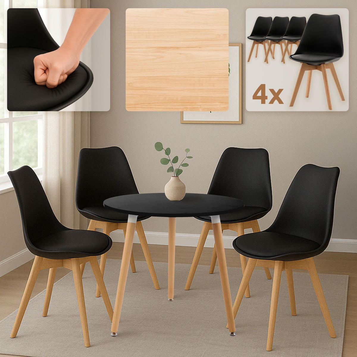 TISCHGRUPPE Holz Schwarz (5-teilig) - Schwarz, Holz (180/83/180cm) - CLP