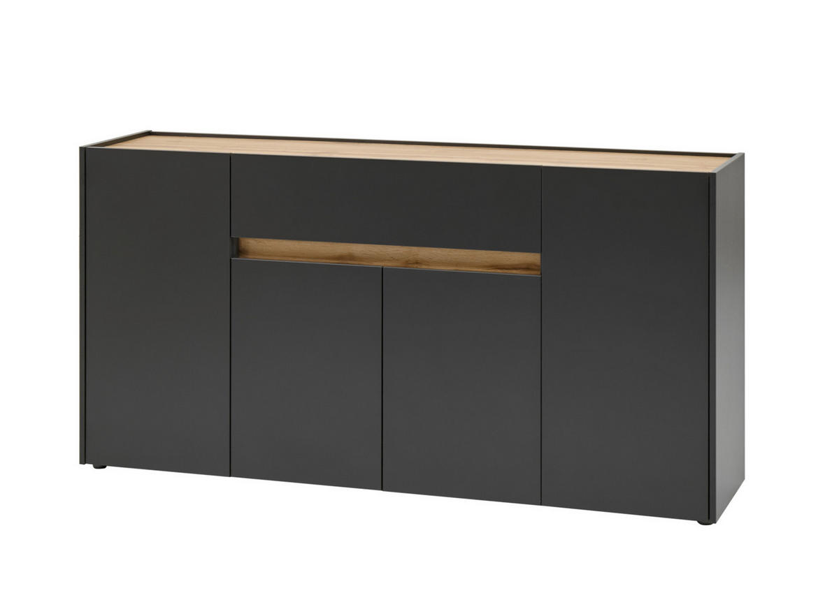 SIDEBOARD grau matt, Eiche Wotan 170 cm, Kommode 4-türig - Eiche Wotan/Schwarz, Holzwerkstoff/Kunststoff (170/87/40cm) - Furn.Design