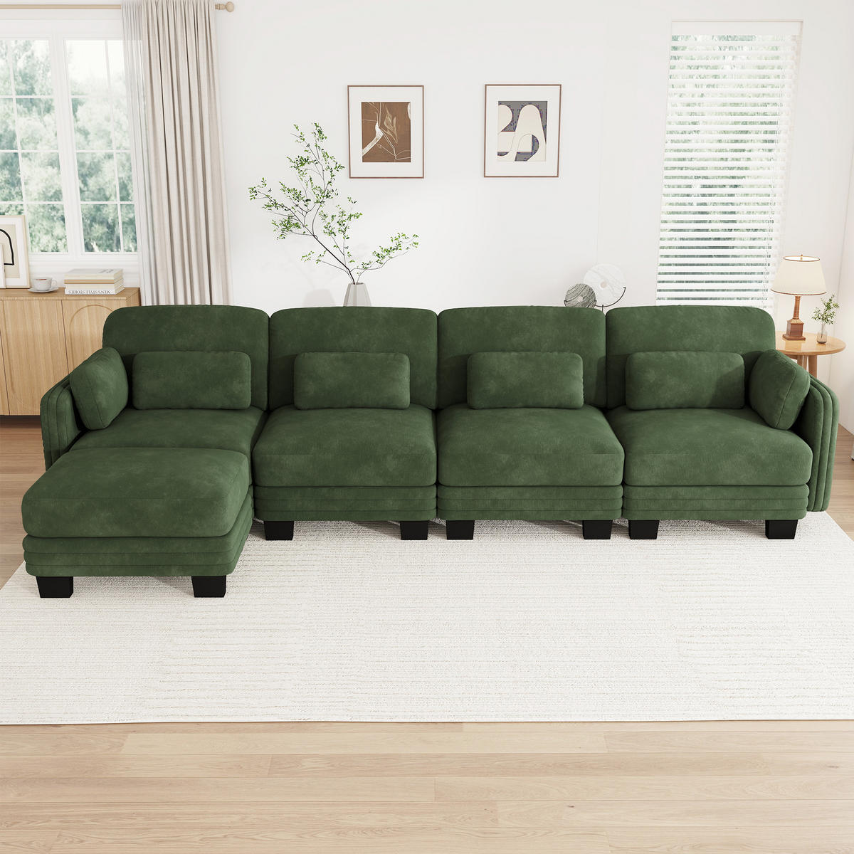 ECKSOFA 4-Sitzer L-Form mit Ottomane, DE-42686, Grün - Grün, Holz (330/143cm) - ComfortXL