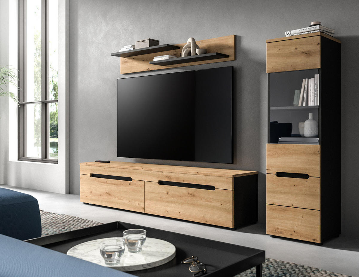 WOHNWAND Eiche Artisan, grau, Kombination 3-teilig 220 cm hängend oder stehend, Soft-Close, Cooper - Schwarz/Eiche Artisan, Glas/Holzwerkstoff (221/141/33cm) - Inn.Furn