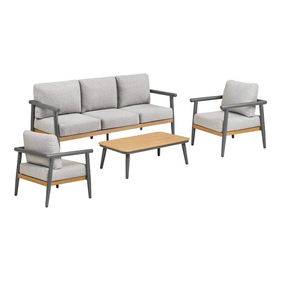 LOUNGE-SET, Camilla, Tisch Graubeige, Stühle Graubeige, Metall / Polyester, 105 x 69 x 35 cm, 4-teilig - Grau, Metall - ebuy24