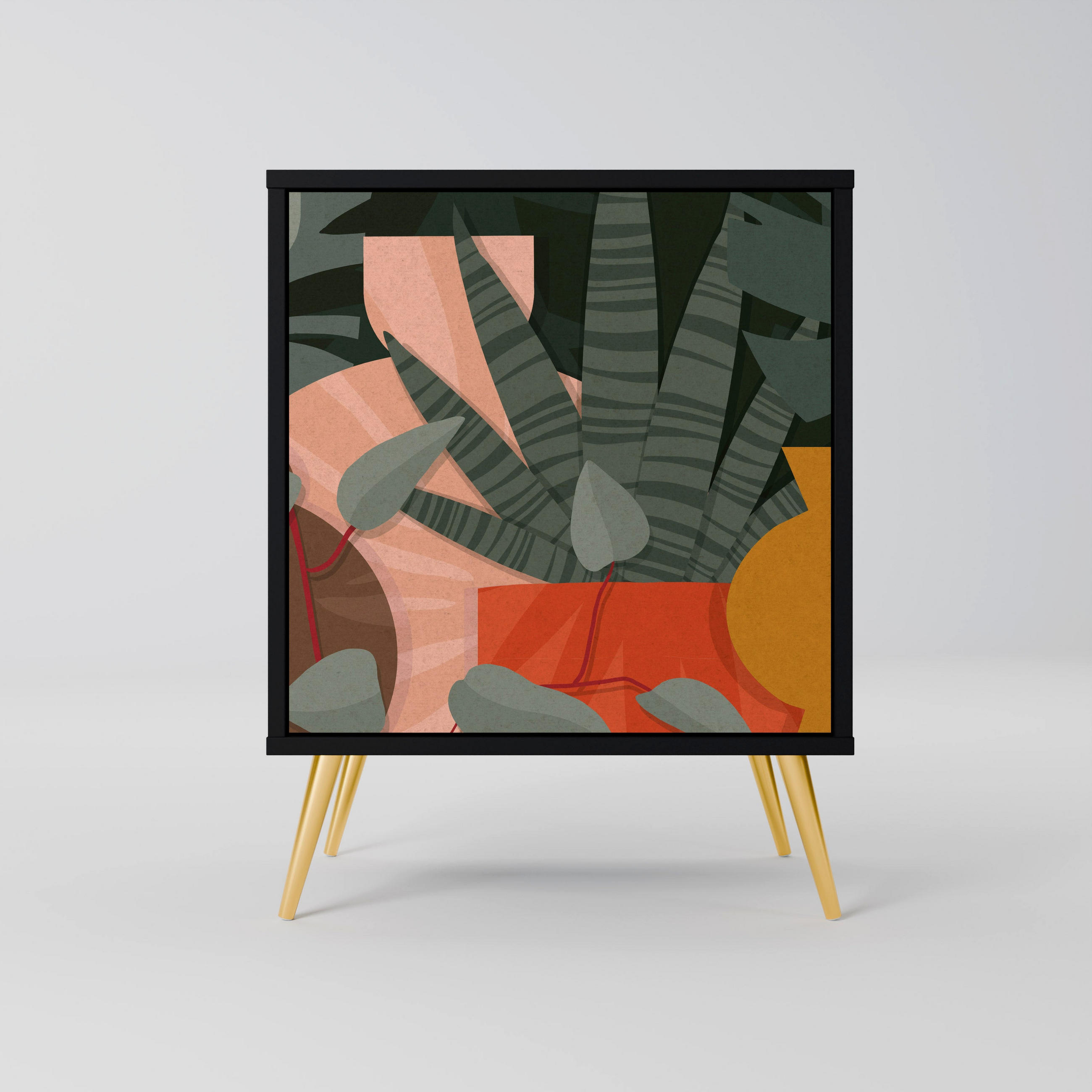SIDEBOARD TROPICAL COMPOSITION, Schwarz, 57,5x42x75,5 cm, Goldfarbene Metallfüße - Goldfarben/Multicolor, Holzwerkstoff/Metall (57.5/75.5/42cm) - SpaceRebels