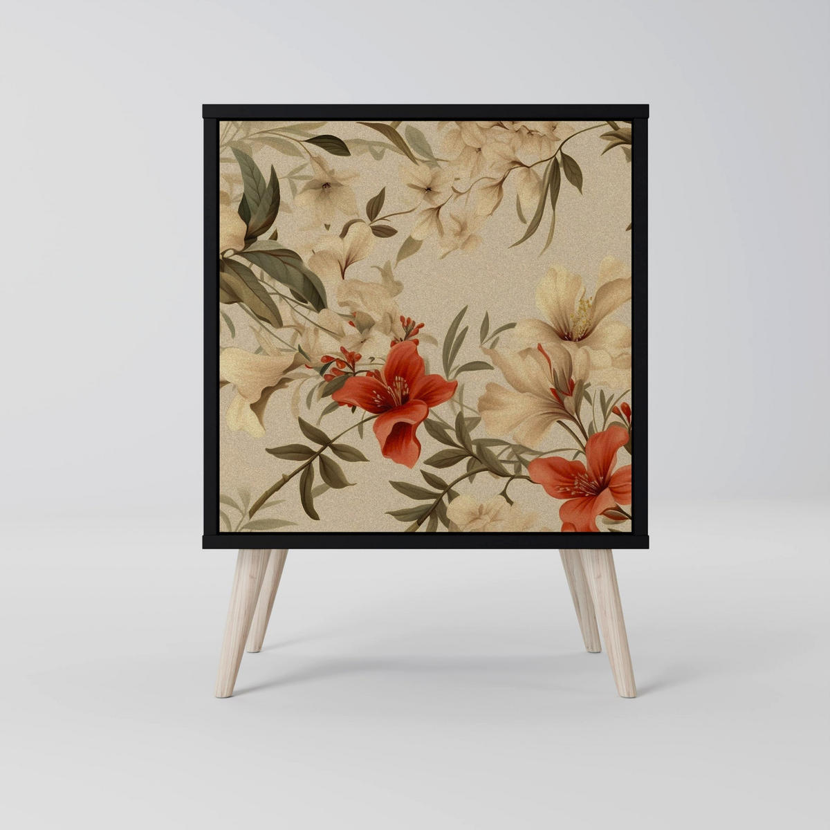 SIDEBOARD BLOOMING HARMONY, Schwarz, 57,5x42x75,5 cm, Goldfarbene Metallfüße - Goldfarben/Multicolor, Holzwerkstoff/Metall (57.5/75.5/42cm) - SpaceRebels