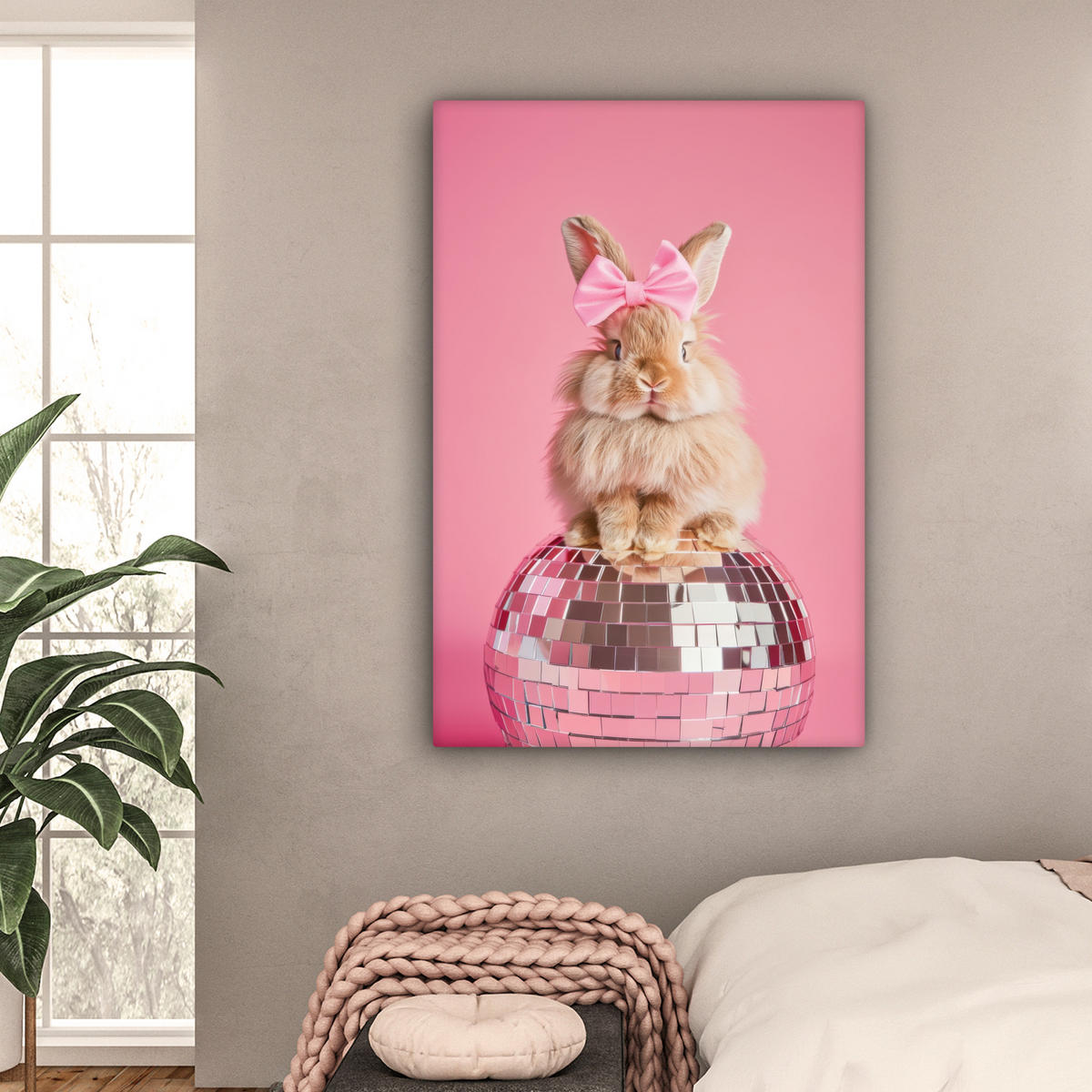LEINWANDBILD Schleife - Discoball - Kaninchen Deko Groß 90x140 cm - Pink, Textil (90/140cm) - MuchoWow