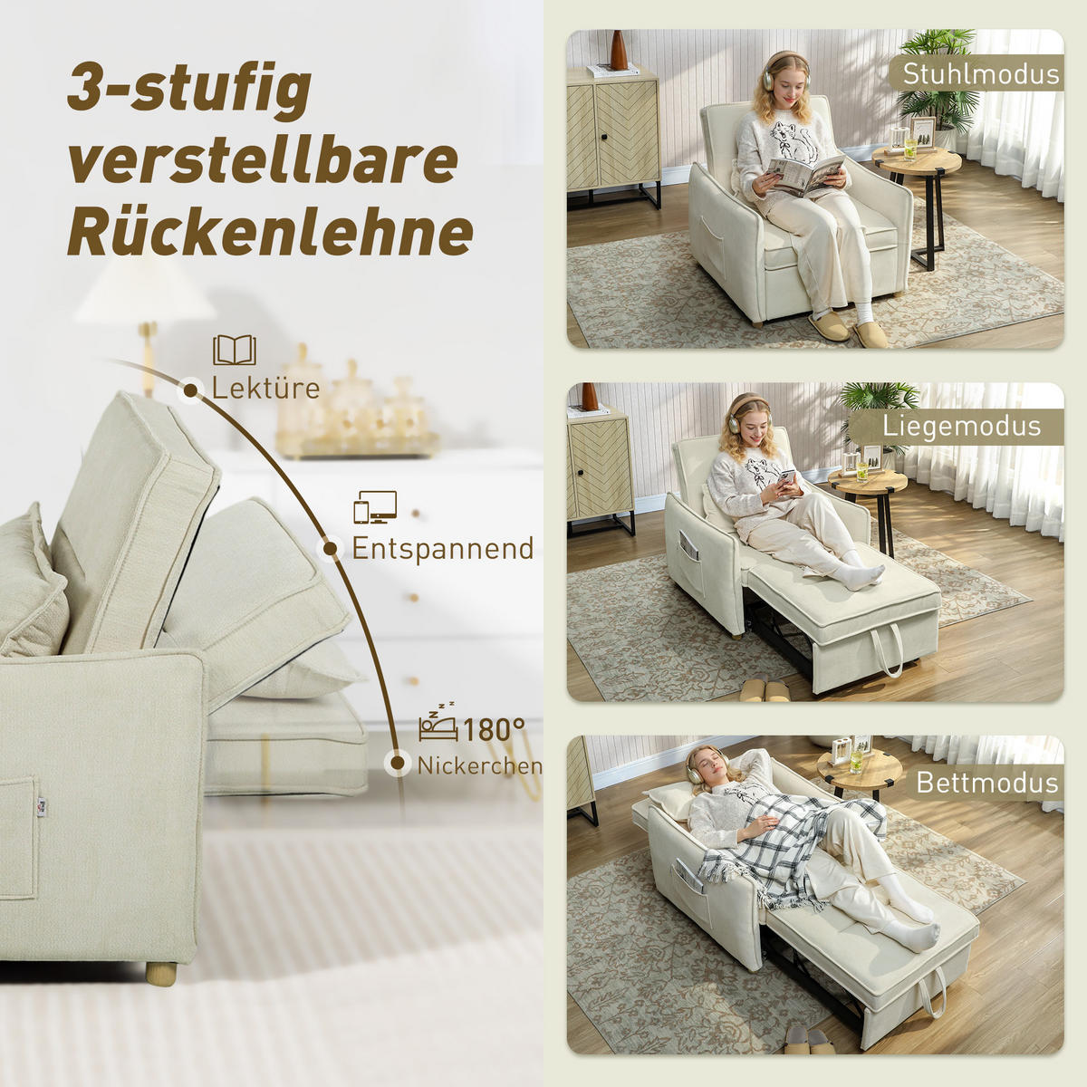 SCHLAFSESSEL 3 in 1 Umwandelbarer Sessel mit Bettfunktion, Lendenkissen, Creme - Eukalyptusholzfarben/Creme, Holz/Textil (84/87/88cm) - HOMCOM