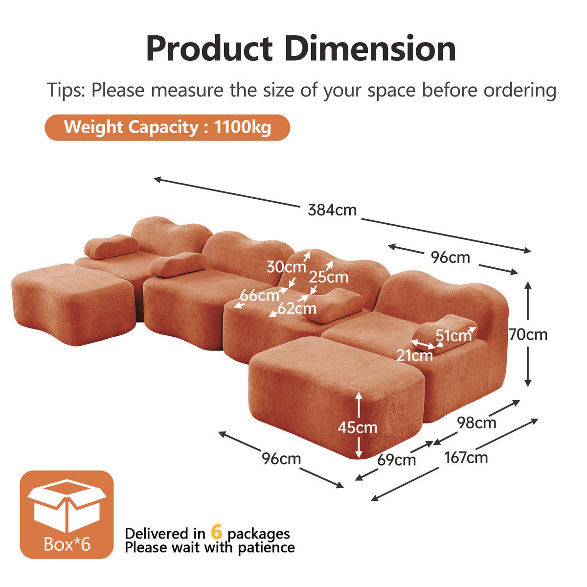 ECKSOFA 384/167/70 cm modular orange aus Samt mit Wellenform und 2 Hockern - Orange, Textil (167/384cm) - OKWISH