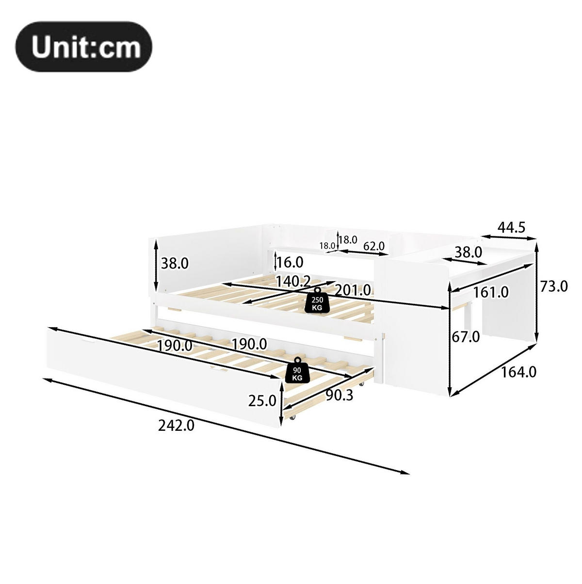 KINDERBETT aus Kiefernholz 140x200 cm Weiß mit Schreibtisch, Rollbett und Regalen - Weiß, Holzwerkstoff (140/200cm) - Modfu