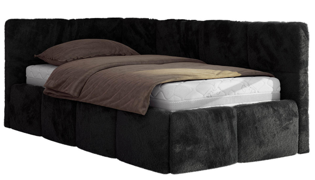 JUGENDBETT ARVO 90/200 - Schwarz Plüsch - Pocket-Matratze - Links Seite - Schwarz, Textil (90/200cm) - MKS