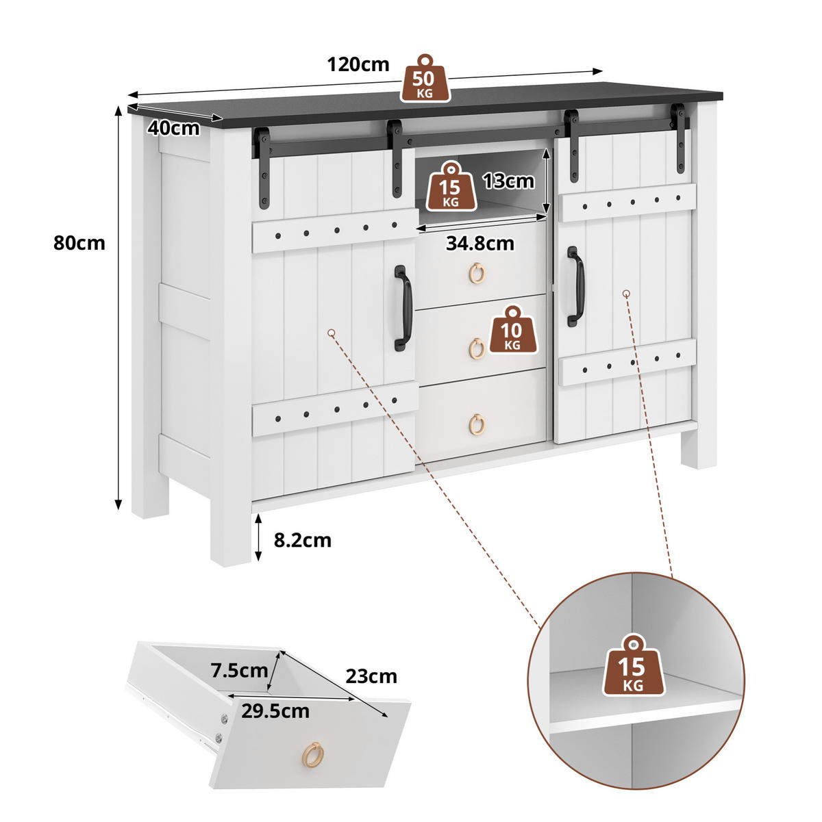 SIDEBOARD 120/40/80 cm Weiß aus MDF mit Schiebetüren und 3 Schubladen - Weiß, Holzwerkstoff (40/80/120cm) - OKMYHOME