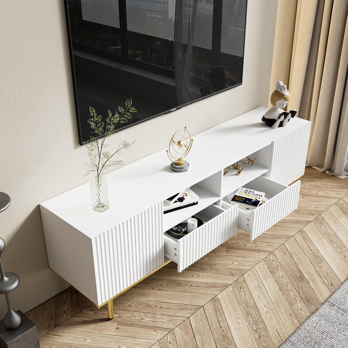 TV-SCHRANK 165/36/55 cm weiß mit goldenen Akzenten und 2 Schubladen - Weiß, Holzwerkstoff (165/55/36cm) - OKWISH