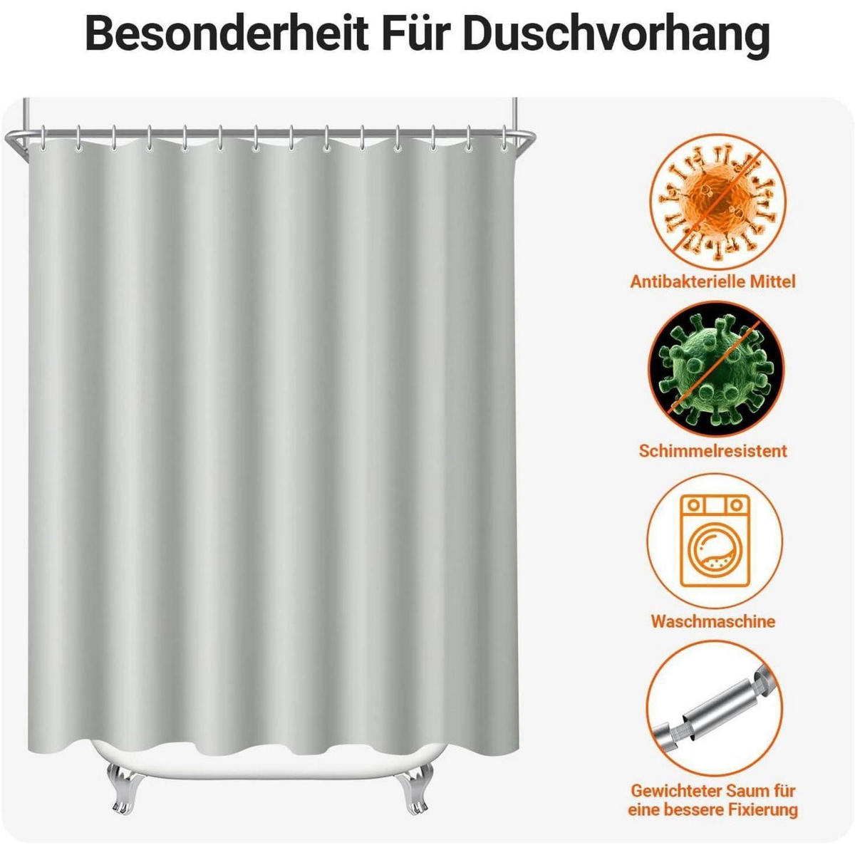 DUSCHVORHANG Grau 100 x 200 cm Textil Wasserabweisend Waschbar - Grau, Textil (100/200cm)