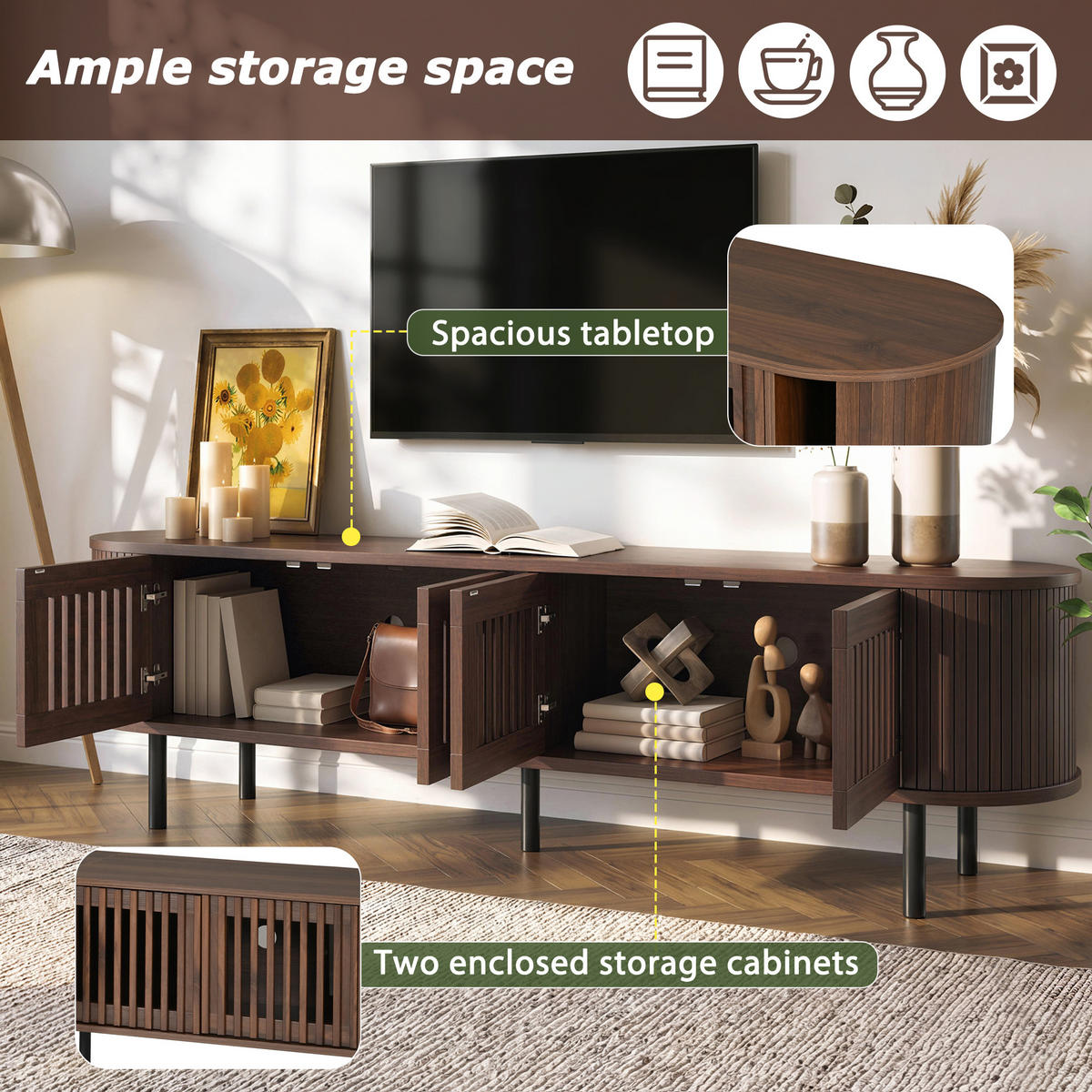 TV-ELEMENT178X39,5X49,5CM für 75-Zoll-Fernseher mit 4-Lamellentüren Walnussfarben - Walnussfarben, Holz (49/19/103.51cm) - Raelunyi