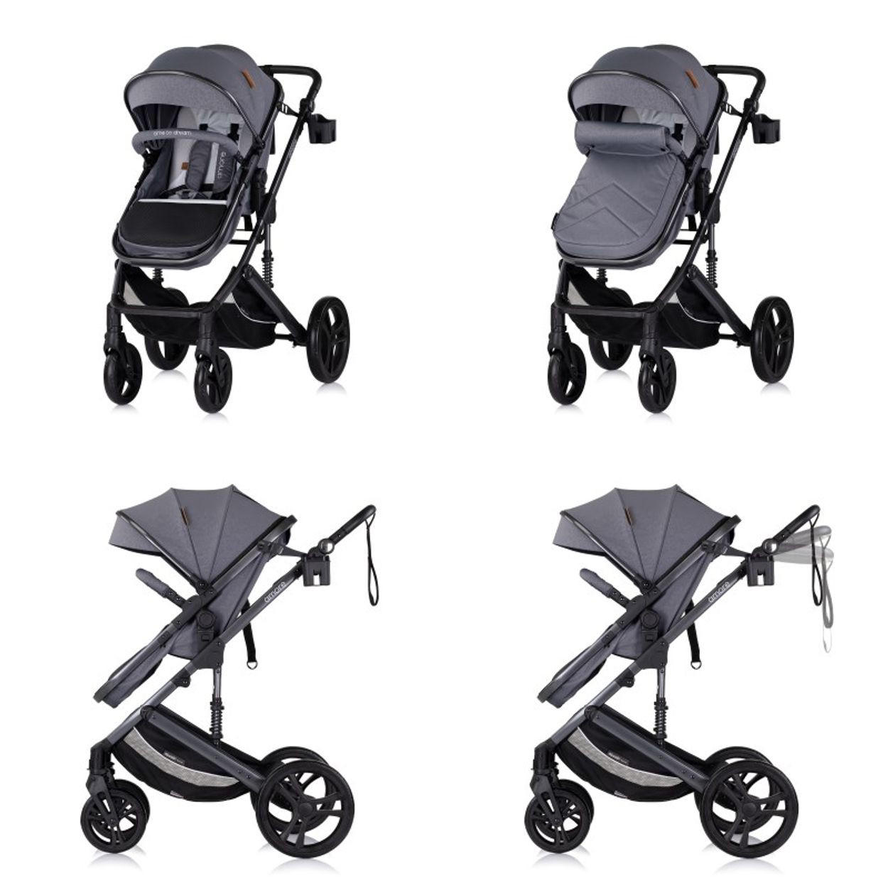 KOMBIKINDERWAGEN Amore 3 in 1 grau gemustert Babyschale Adapter Wickeltasche Fußabdeckung - Dunkelgrau, Metall (95/63/105cm) - Chipolino