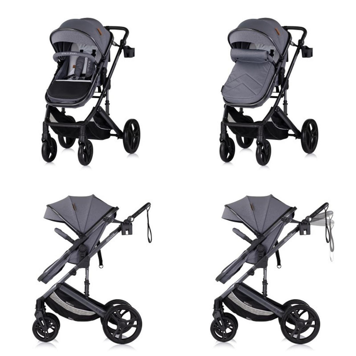 KOMBIKINDERWAGEN Amore 3 in 1 grau gemustert Babyschale Adapter Wickeltasche Fußabdeckung - Dunkelgrau, Metall (95/63/105cm) - Chipolino