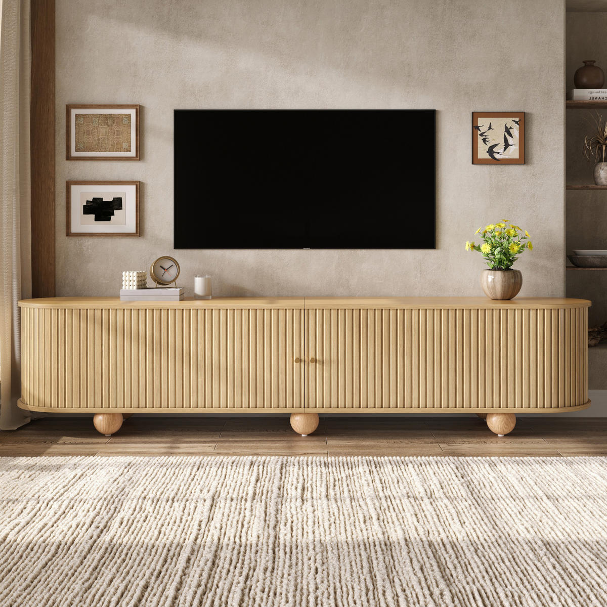 TV-LOWBOARD Rund Rillenoptik Schiebetüren Retro Kugelfüße - Naturfarben, Holzwerkstoff (180/45/35cm) - FLIEKS