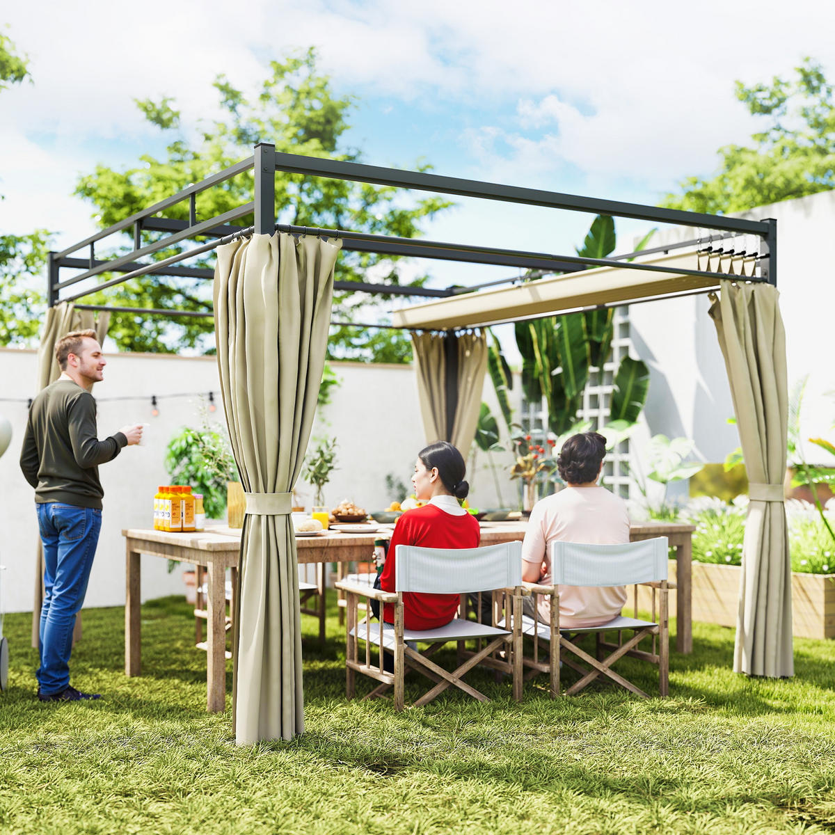 PERGOLA DE-12712 300/300 cm ausziehbar mit 4 Vorhängen UPF30+ Beige - Beige, Metall (295/221/295cm) - ComfortXL