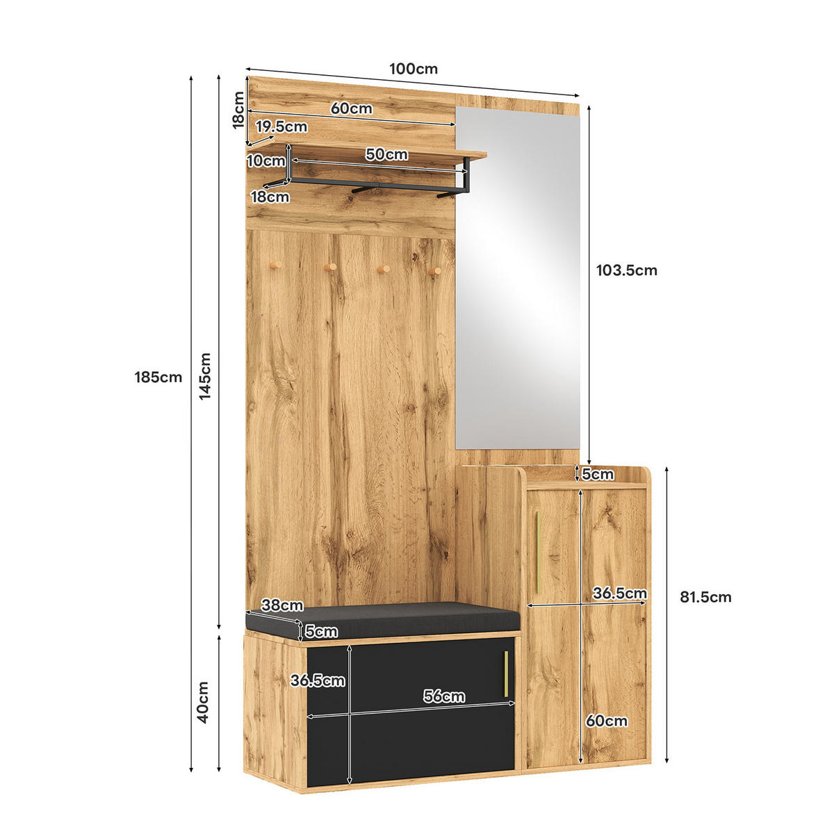 GARDEROBE mit Spiegel und Bank, Schrank mit Schuhregal und Haken - Multicolor, Holzwerkstoff (38/185/100cm) - Meubles Cosy