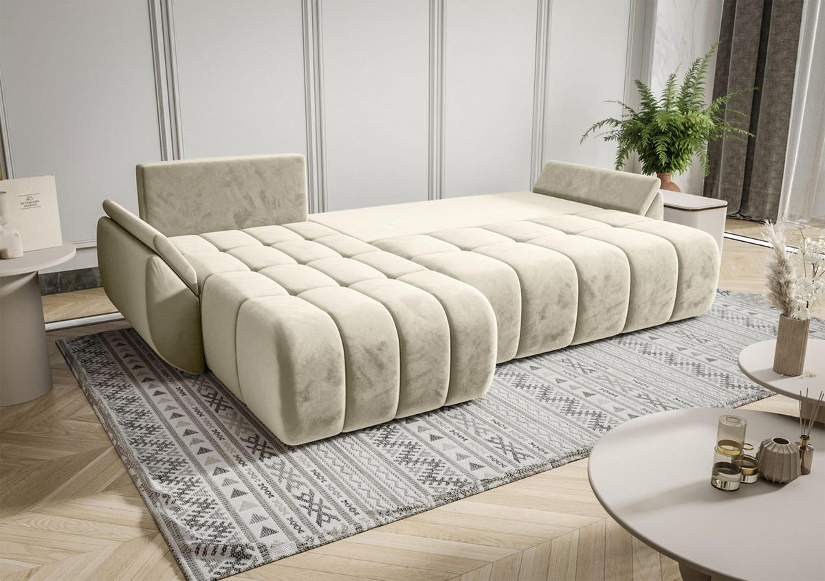 ECKSOFA Romuldi mit Schlaffunktion, Creme Samt, linksseitig - Creme/Schwarz, Kunststoff/Textil (280/185cm) - Selsey