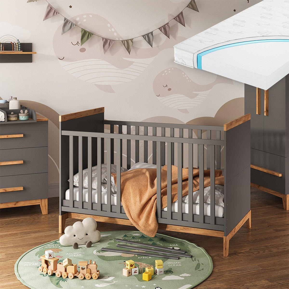 BABYBETT Malia Grau/Artisan 70x140 cm mit Matratze - Hellgrau/Grau, Holzwerkstoff - VitaliSpa