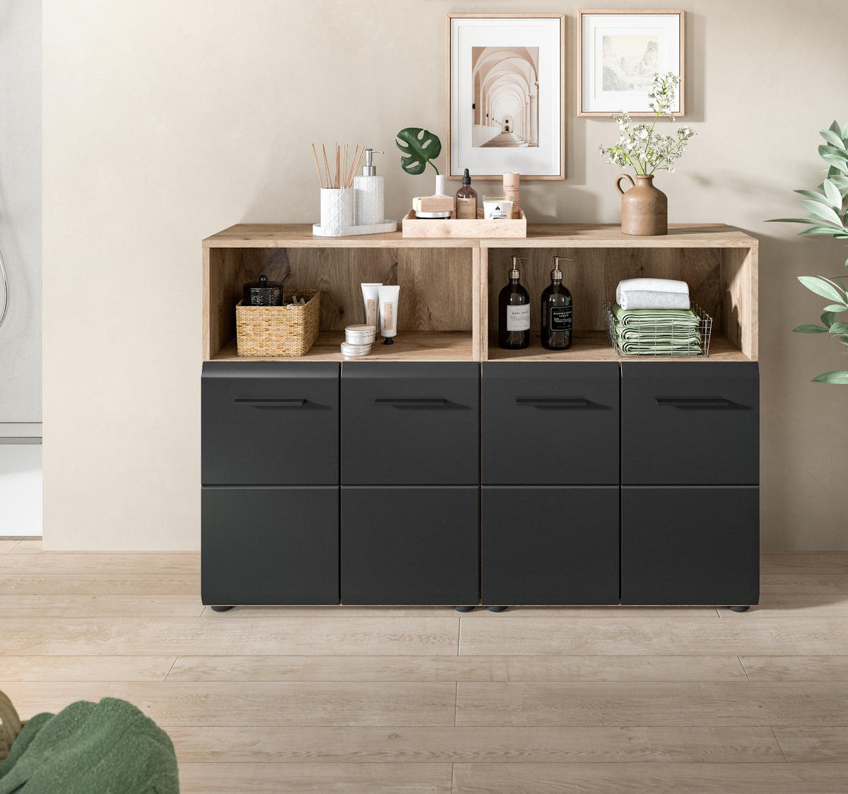 MIDISCHRANK Set Schwarz matt, Eiche Nox, 2x Badkommode, gesamt 120 x 80 cm - Eichefarben/Schwarz, Holzwerkstoff/Kunststoff (120/80/30cm) - Inn.Furn