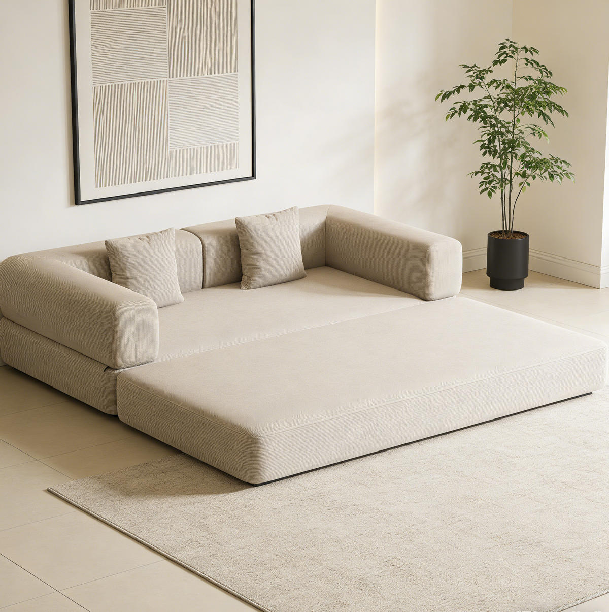 SOFA-BETT 3-Sitzer aus Corduroy Off White - Weiß, Kunststoff (100/70/200cm) - Meubliv