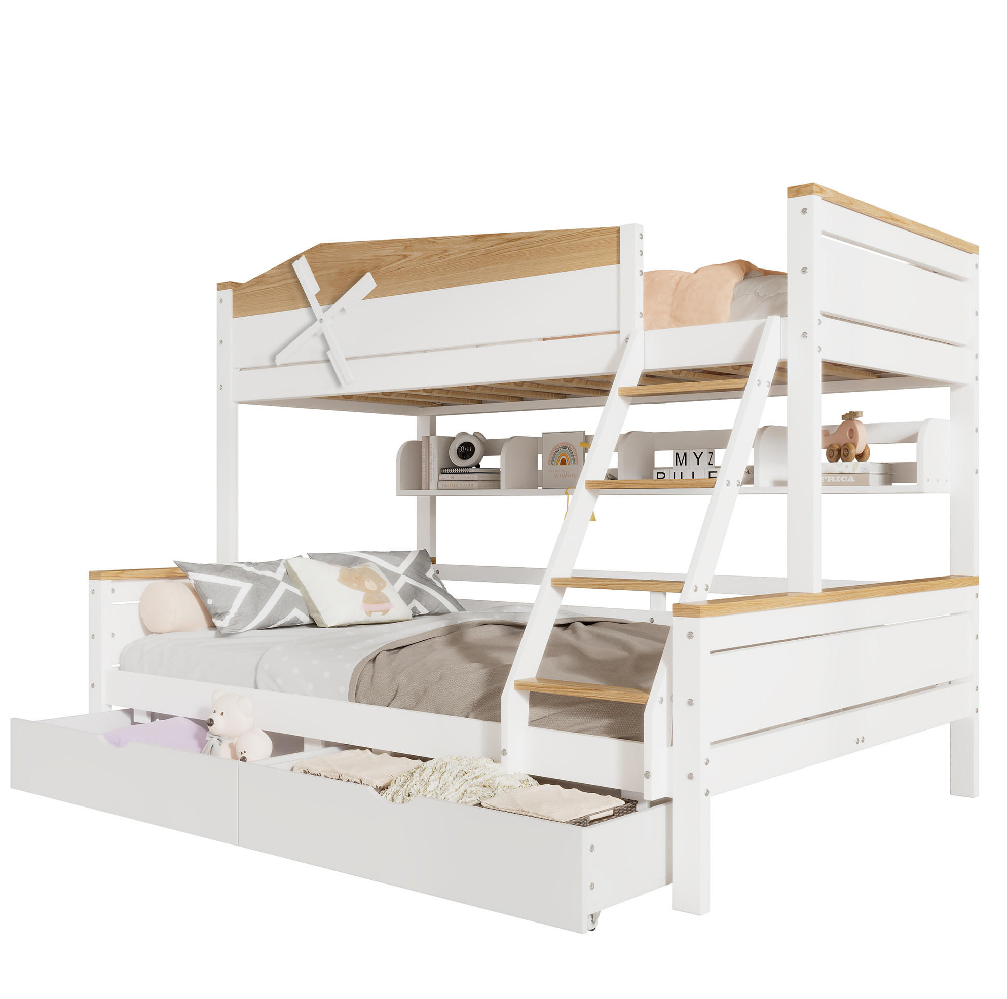 ETAGENBETT 90/200 cm & 140/200 cm mit Regalen und Schubladen in Weiß/Natur - Weiß, Holzwerkstoff (90/200cm) - BEAOK