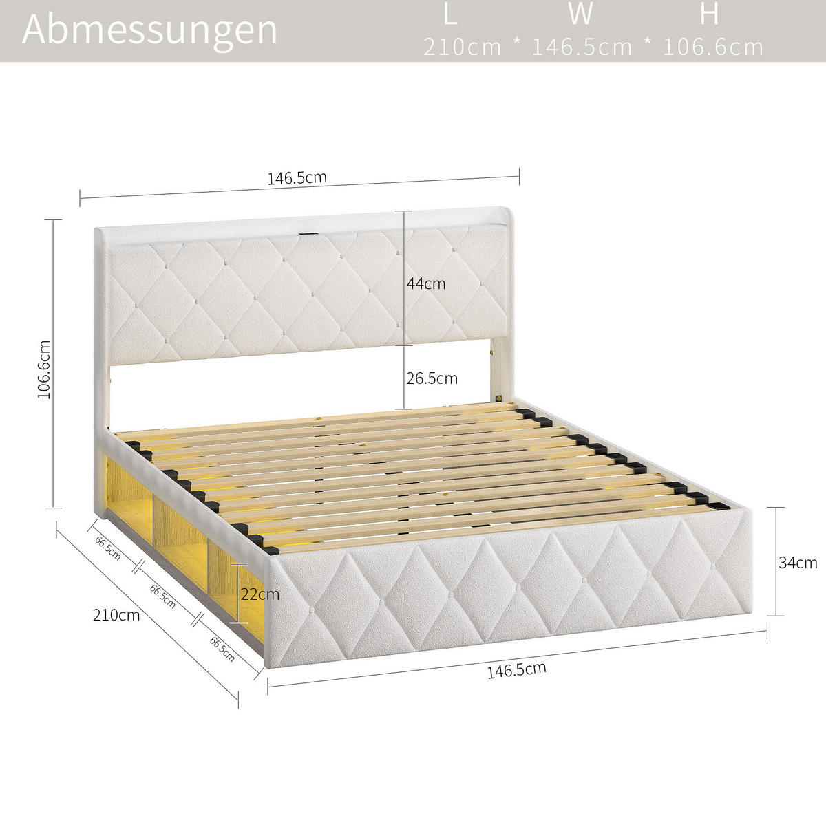 POLSTERBETT 140/200 cm aus Teddy mit LED-Beleuchtung, USB-Anschluss und 6 Schubladen Weiß - Ecru, Textil (140/200cm) - Modenvie