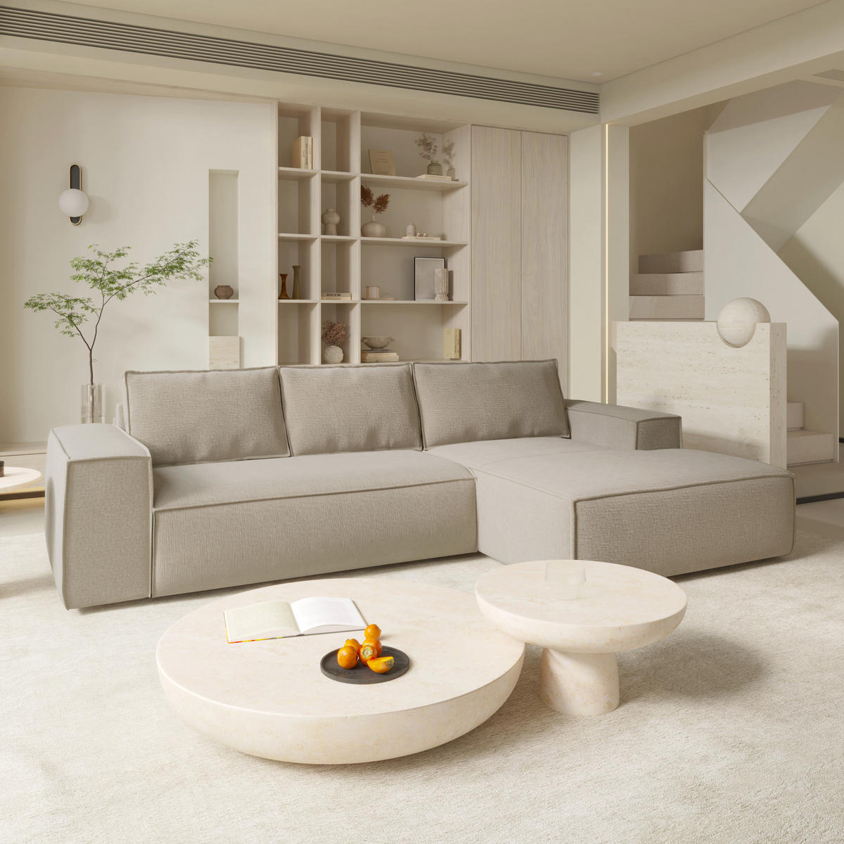 ECKSOFA RECHTS Samt Beige 302cm - Beige, Textil (302/165cm) - Sia Home