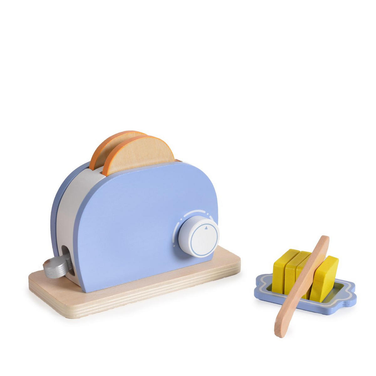 SPIELZEUG-KÜCHENGERÄT 4341 hellblau Toaster, Holz, Drehknopf, Kippschalter, Toastscheiben, Butterstücke - Blau, Holz (8/9/15cm) - Moni