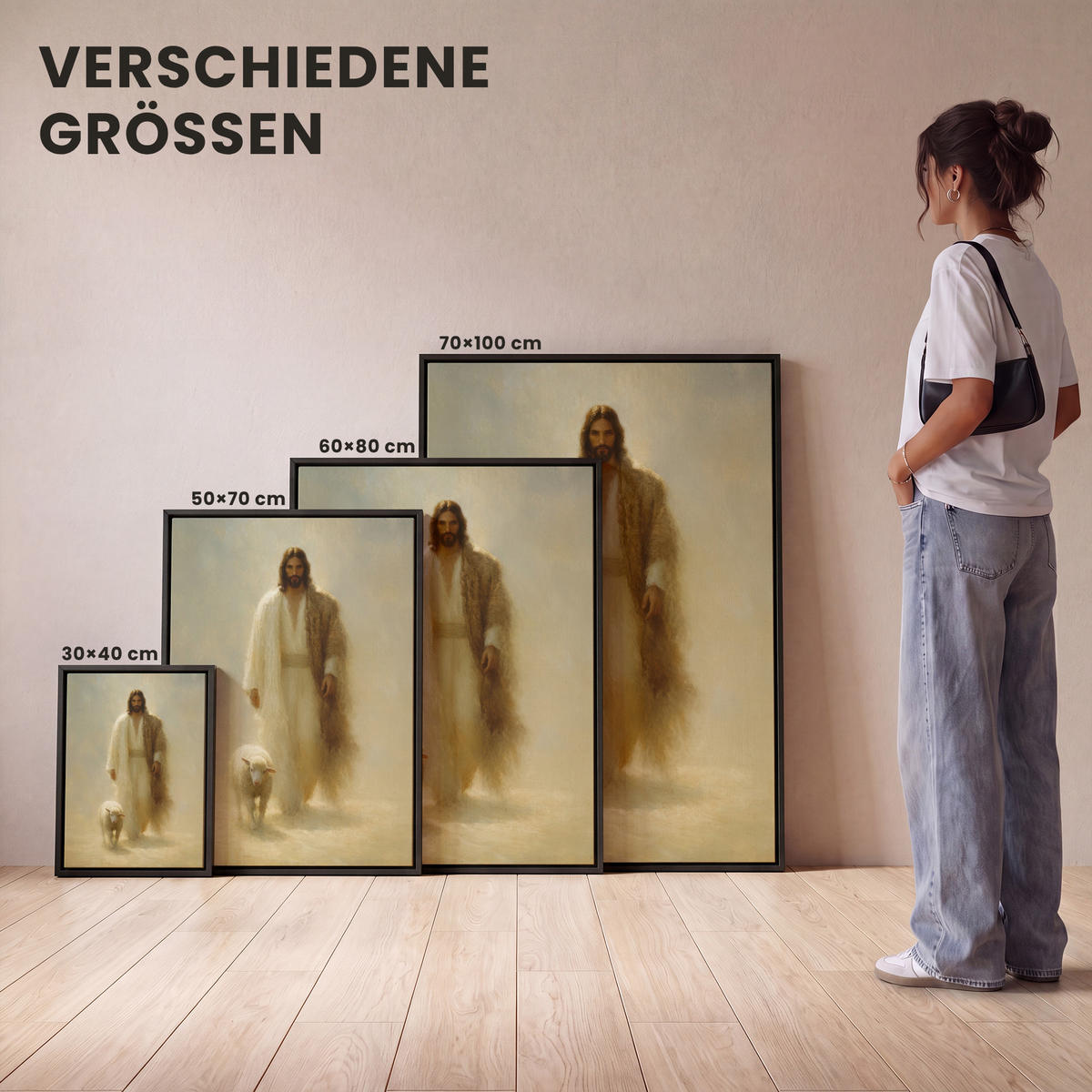 LEINWAND Bilder mit Rahmen - Schaf - Jesus - Pinselstriche - Abstrakt - 30x40 - Beige, Textil (30/40cm) - MuchoWow