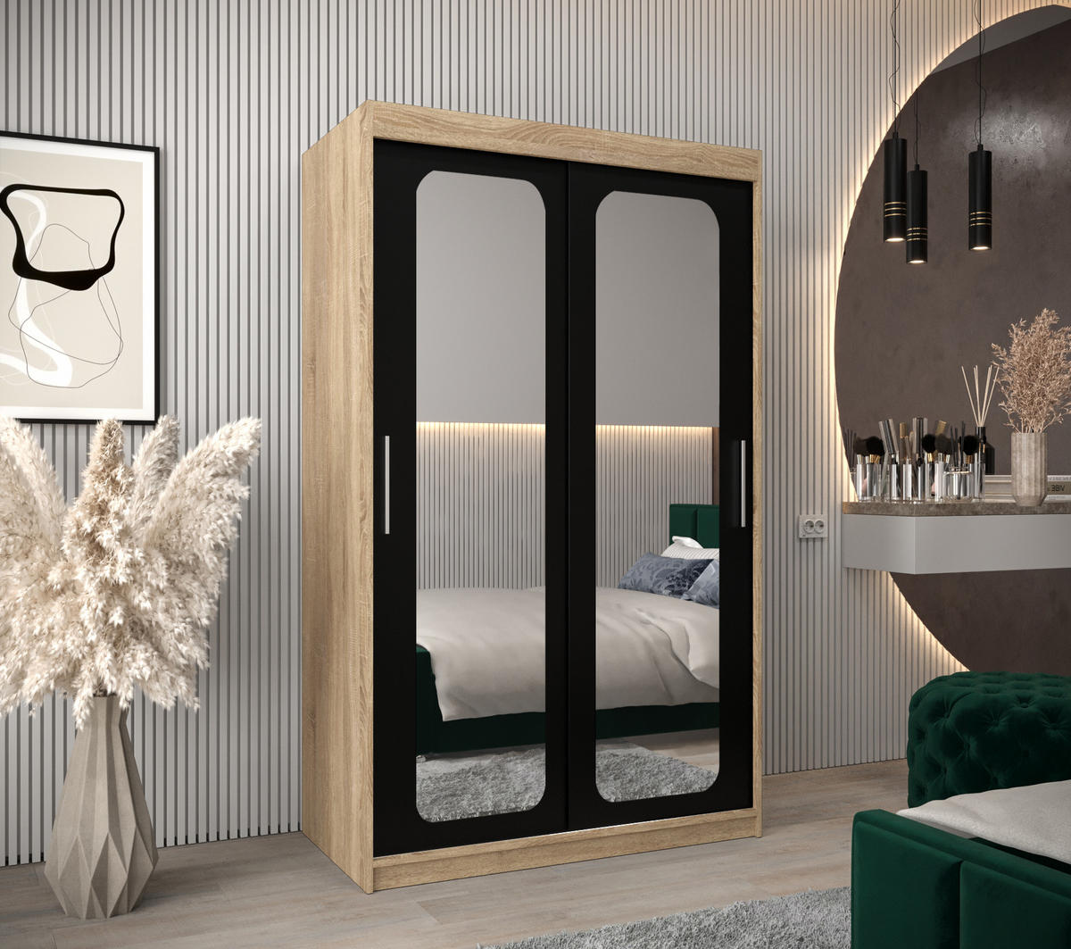 SCHWEBETÜRENSCHRANK 200/120/62 2-türig - Silberfarben/Schwarz, Holz/Kunststoff (120/200/62cm) - Abiks Möbel