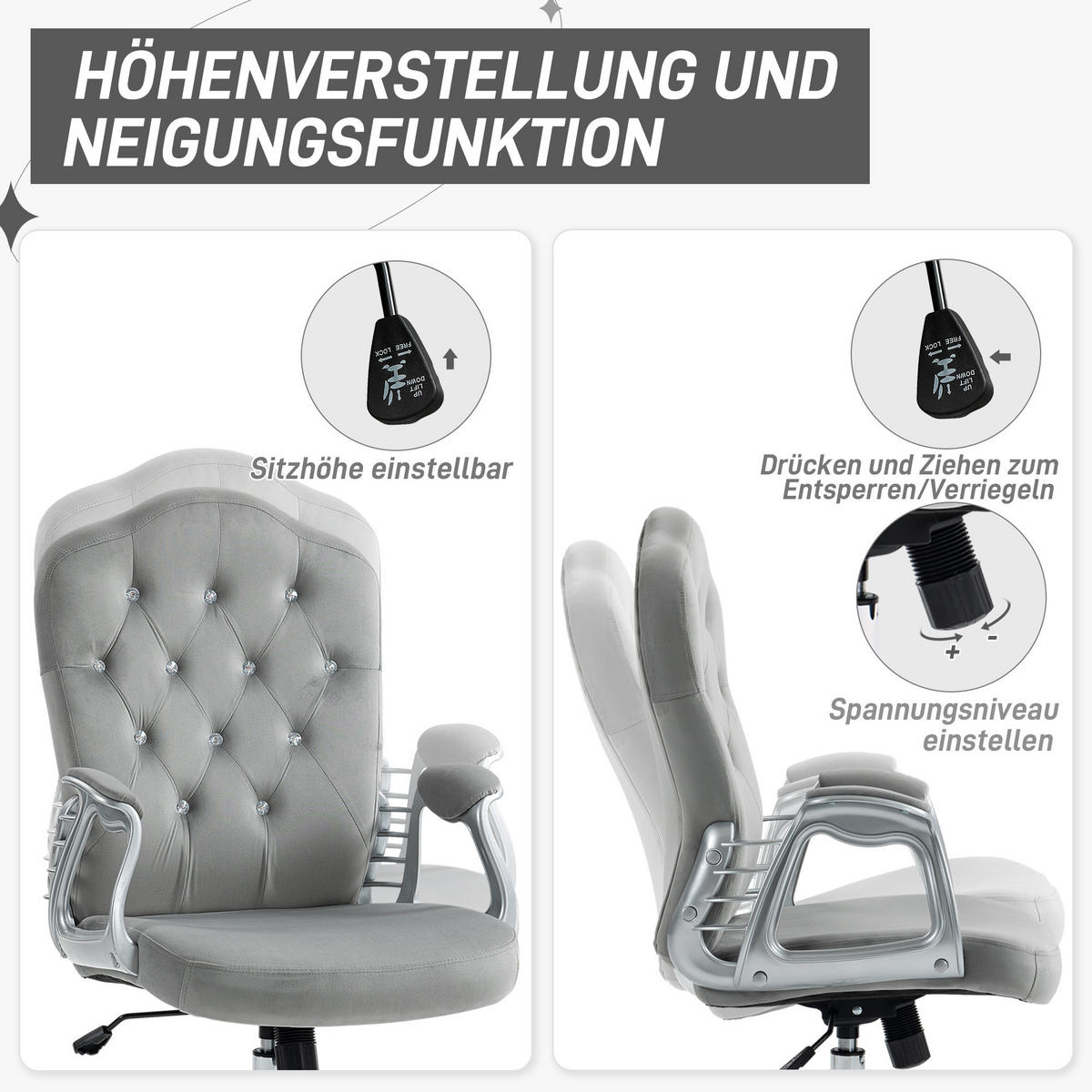 BÜROSTUHL Ergonomisch Schreibtischstuhl mit Wippfunktion für Home Office, Grau - Hellgrau, Kunststoff (61/114/61cm) - Vinsetto
