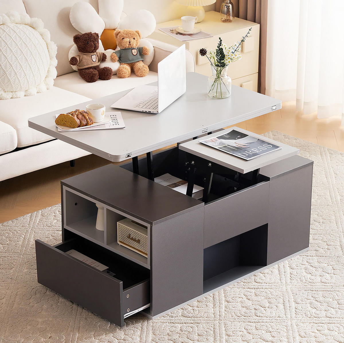 COUCHTISCH höhenverstellbar 100 x 51 x 47 cm Spanplatte Grau - Grau, Holzwerkstoff (100/51/47cm) - Meubliv