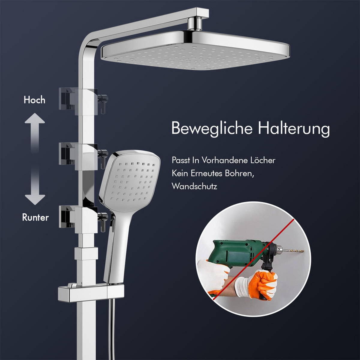 DUSCHSYSTEM Chrom Thermostat Regendusche Ablage - Chromfarben, Metall (39/13.8/85.5cm) - HOMELODY