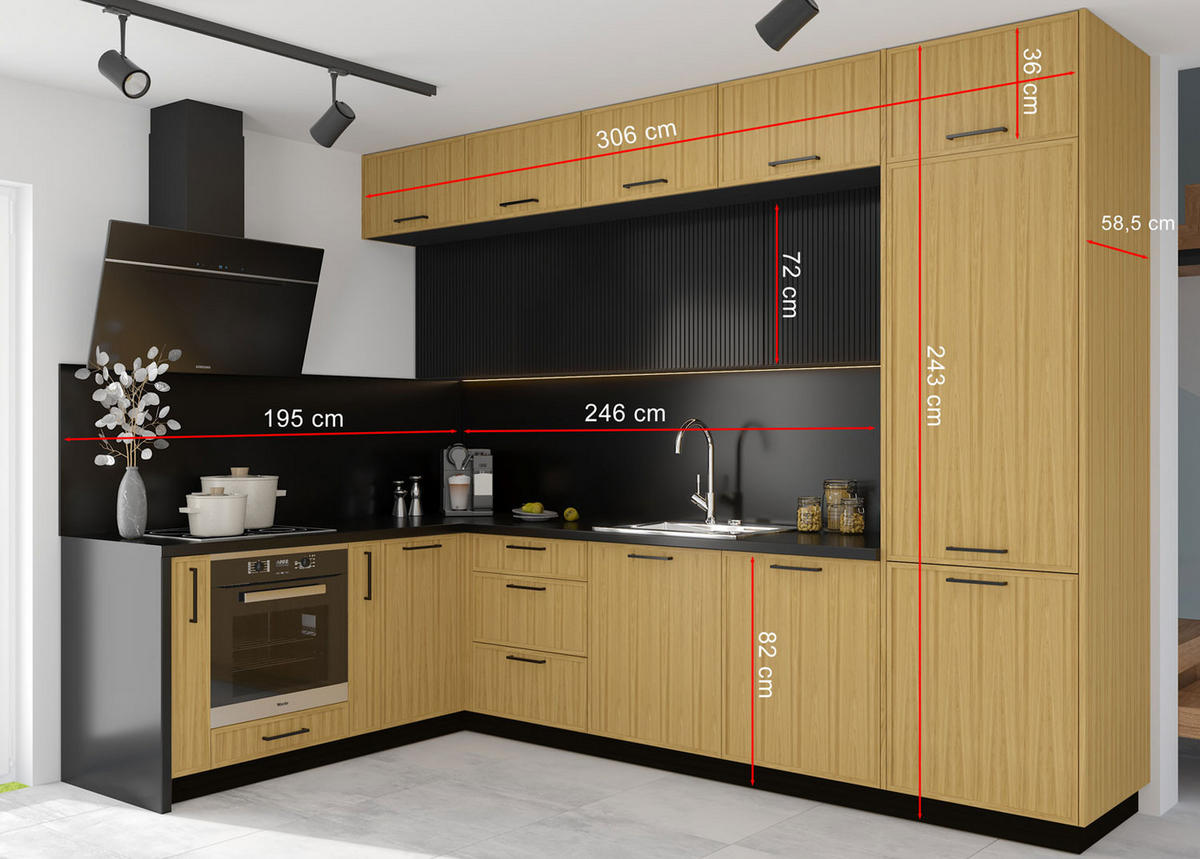 WINKELKÜCHE Narvik Naturholz - schwarz matt 17-teilig mit REJS Vollauszug & Arbeitsplatte - Schwarz/Braun, Holzwerkstoff/Metall (306/243/195cm) - Feldmann-Wohnen