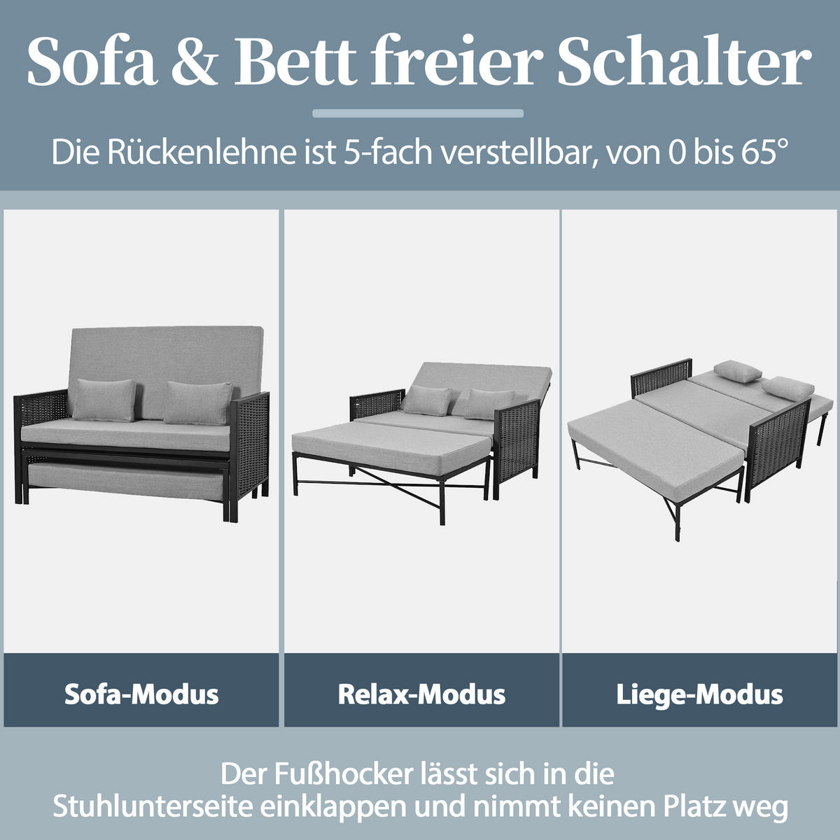GARTENMÖBEL, 2-Personen Outdoor-Liegebett, Rückenlehne 0-65°, Grau - Grau, Textil (131.5/91/151.3cm) - FLIEKS