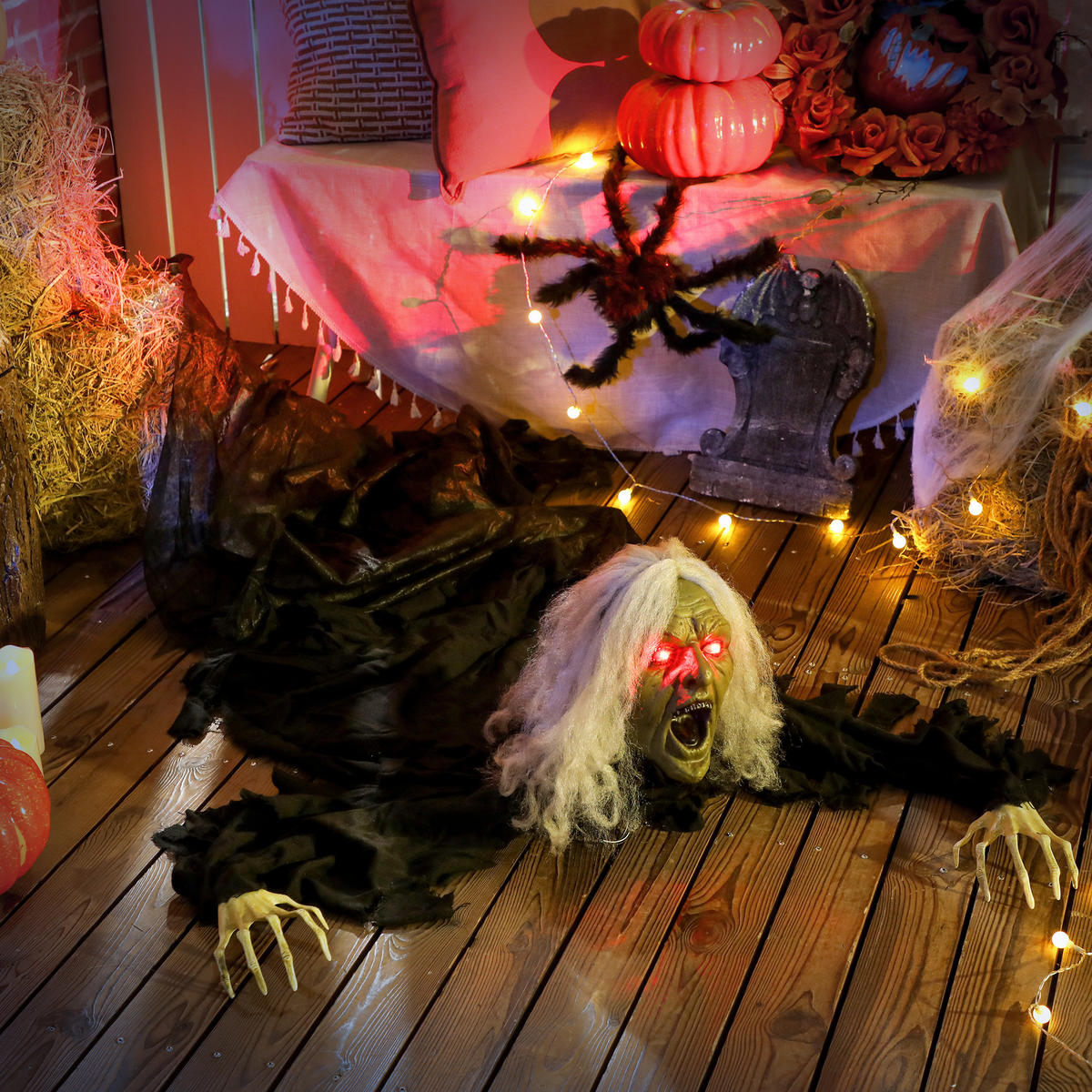 HALLOWEEN-DEKORATION Zombie-Alte 183 cm mit LED-Lichter, Soundfunktion - Schwarz, Textil (18/183/80cm) - Outsunny