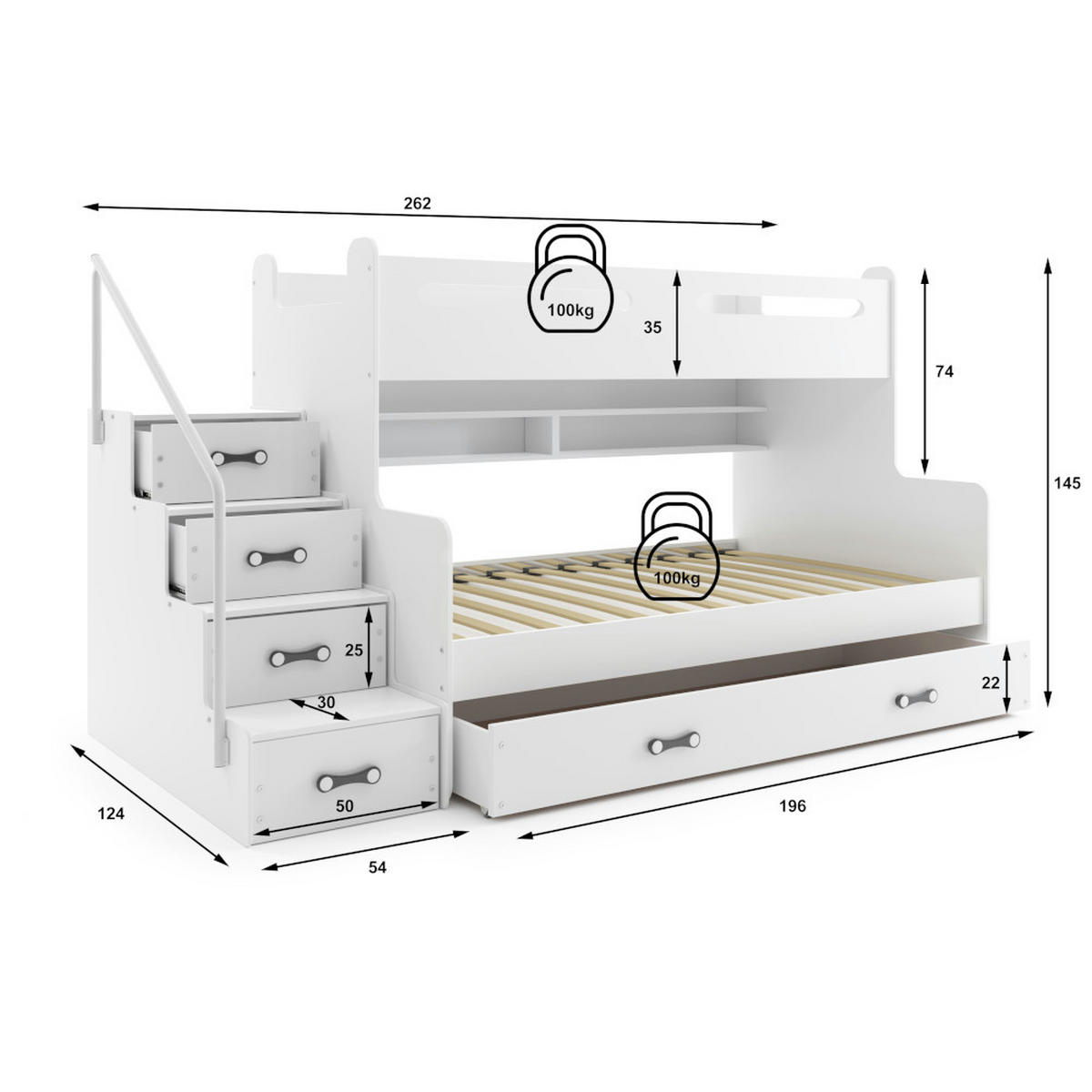 ETAGENBETT Max 3 200x80cm / 200x120cm mit Schublade und Lattenrost - Weiß, Holzwerkstoff (120/200cm) - Interbeds
