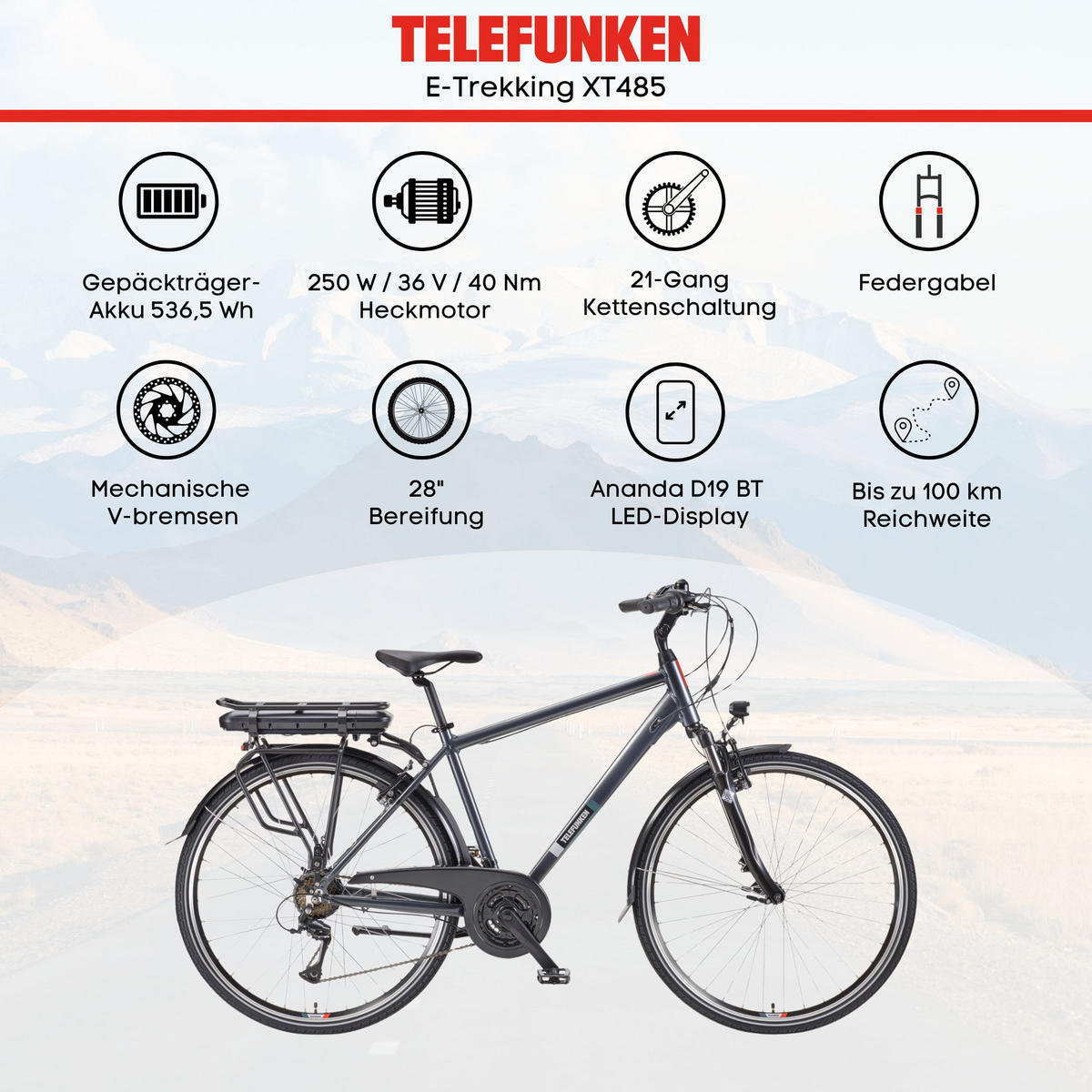 E-BIKE XT485 Trekking Elektrofahrrad 21-Gang Shimano Kettenschaltung, Pedelec, 14,5Ah, 37V Akku - Anthrazit, Metall (112cm) - Telefunken